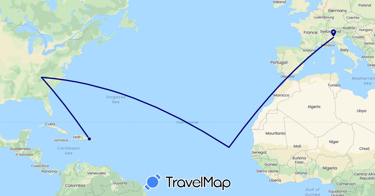 TravelMap itinerary: driving in Cape Verde, Dominican Republic, Italy, United States (Africa, Europe, North America)